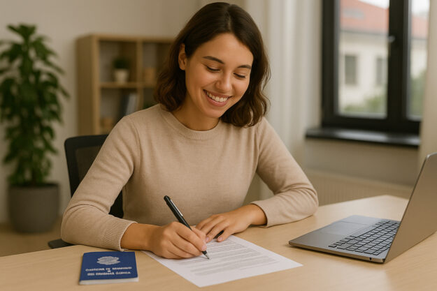 Trabalhador assinando contrato de experiência com atenção aos direito
