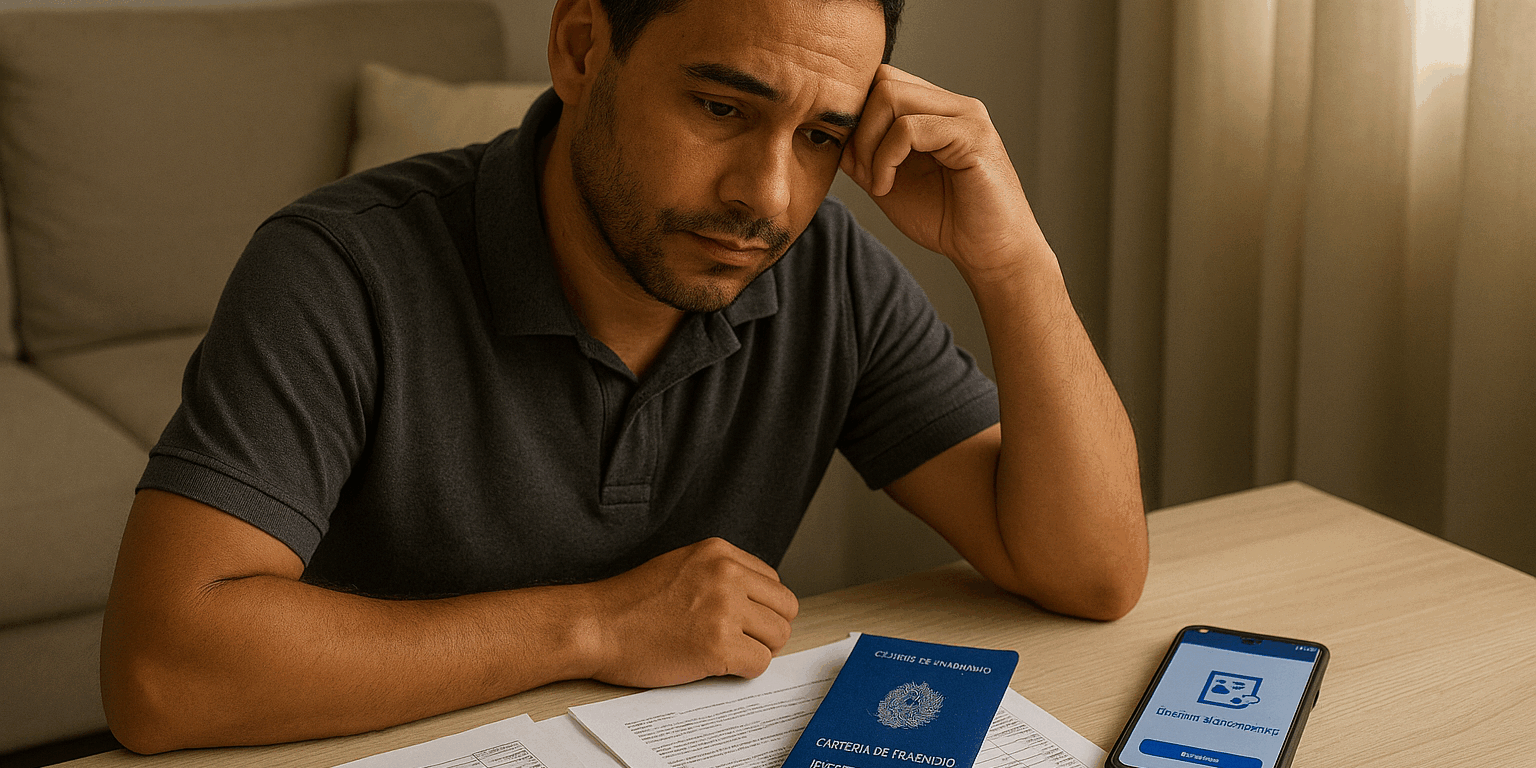 Trabalhador CLT buscando apoio após demissão sem justa causa