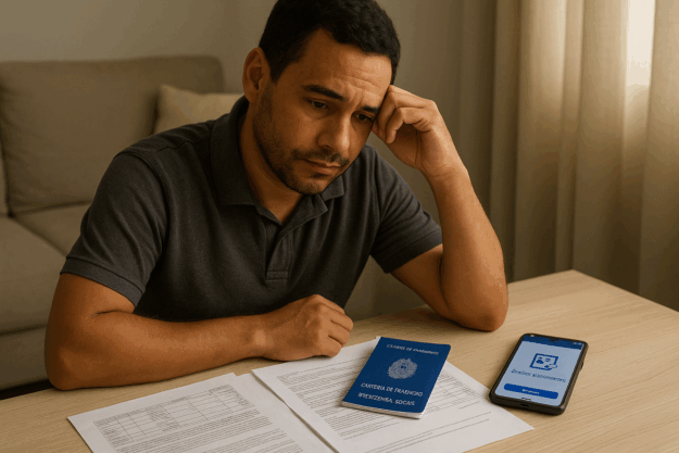 Trabalhador CLT buscando apoio após demissão sem justa causa