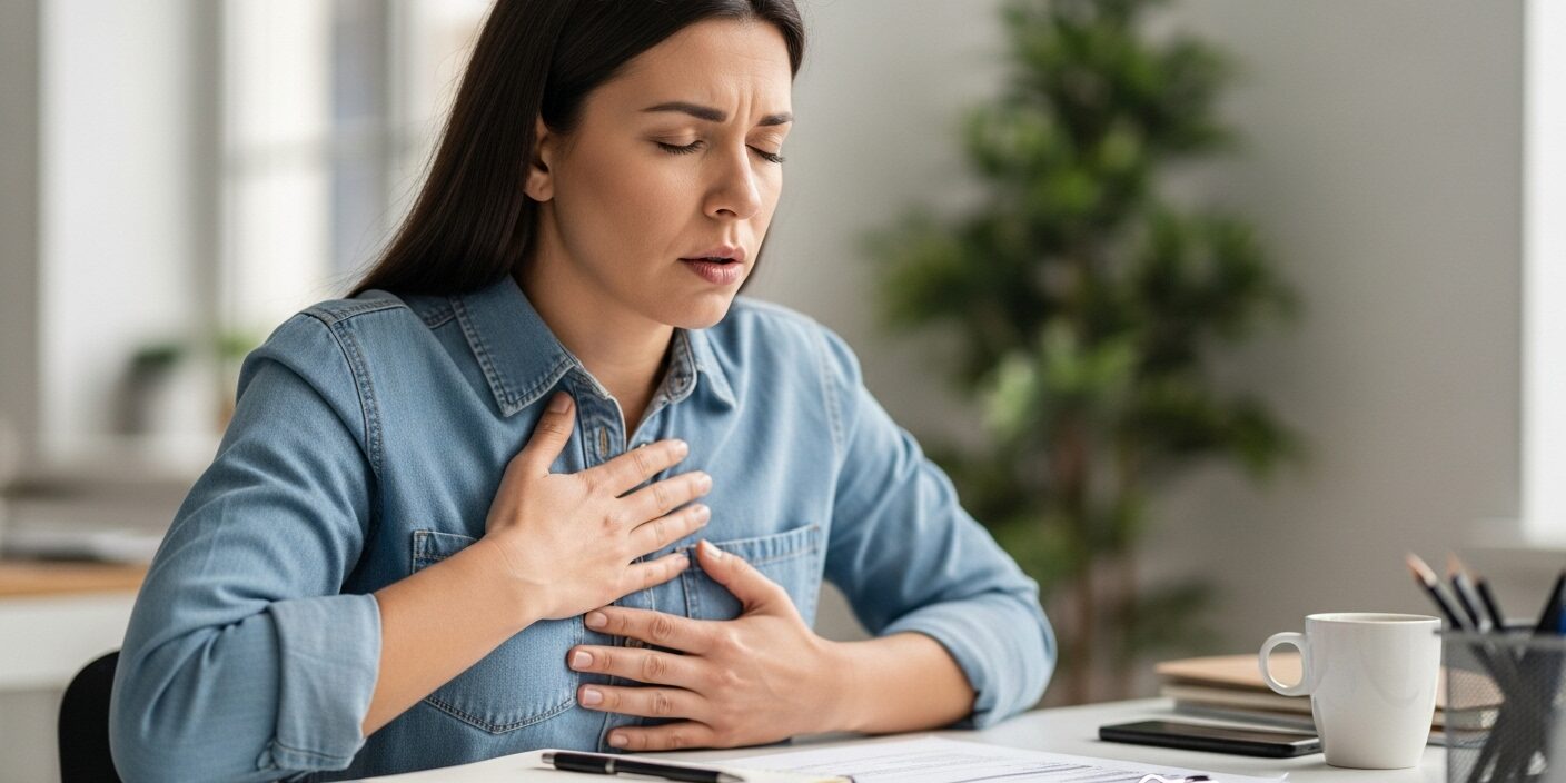 Trabalhador lidando com estresse e ansiedade no ambiente de trabalho, buscando equilíbrio emocional