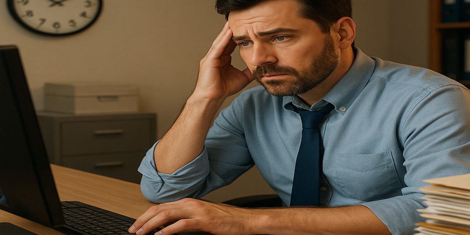 Trabalhador olhando para computador trabalhador controlando a jornada e hora extra