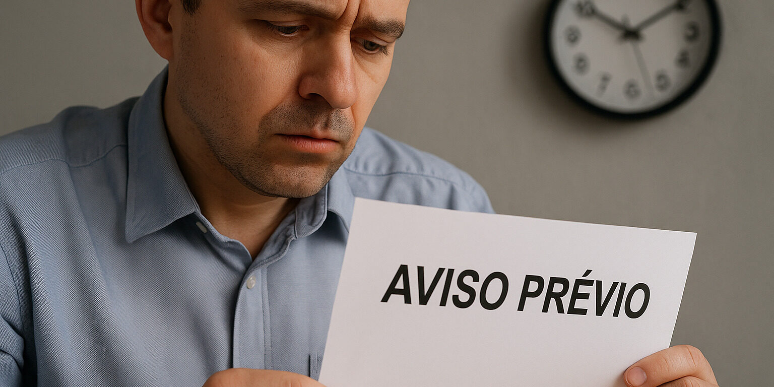 Trabalhador com expressão preocupada segurando documento com a frase ‘Aviso Prévio’, simbolizando dúvida sobre direitos na demissão
