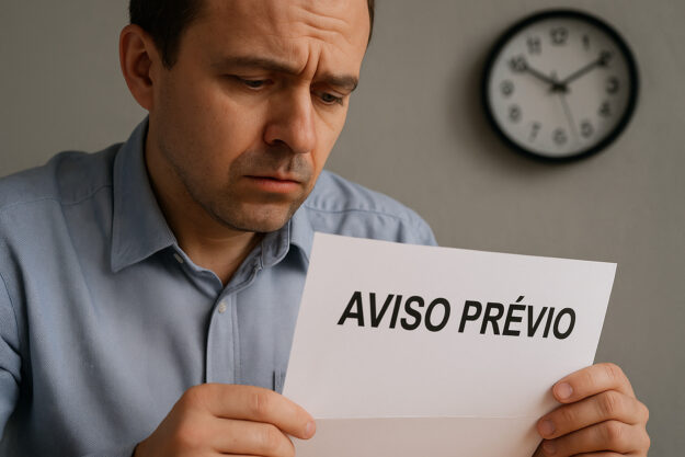 Trabalhador com expressão preocupada segurando documento com a frase ‘Aviso Prévio’, simbolizando dúvida sobre direitos na demissão