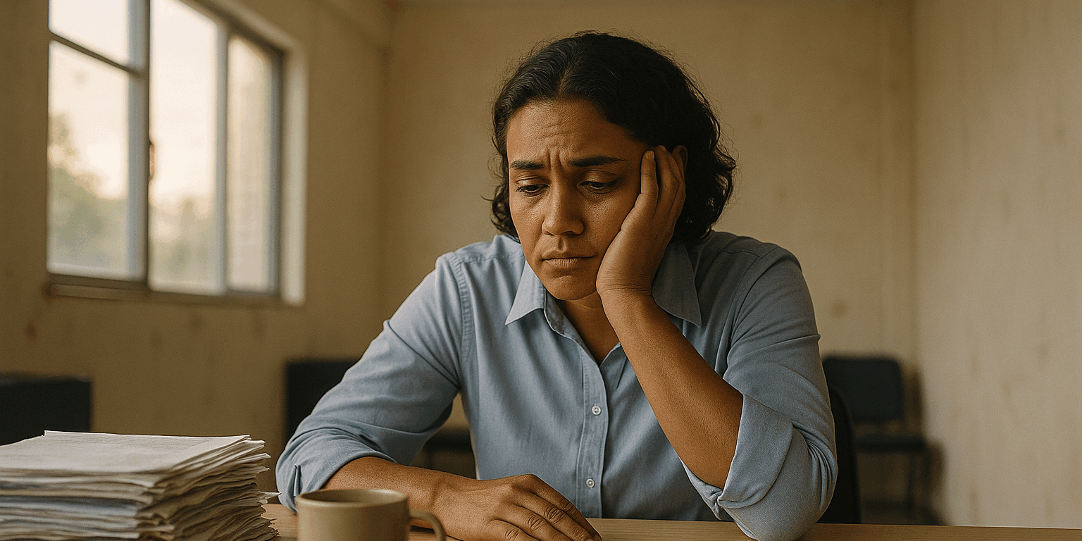 Trabalhador brasileiro exausto em escritório simples, demonstrando sinais de exploração no trabalho e sobrecarga emocional.