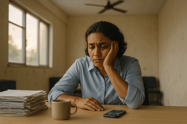 Trabalhador brasileiro exausto em escritório simples, demonstrando sinais de exploração no trabalho e sobrecarga emocional.