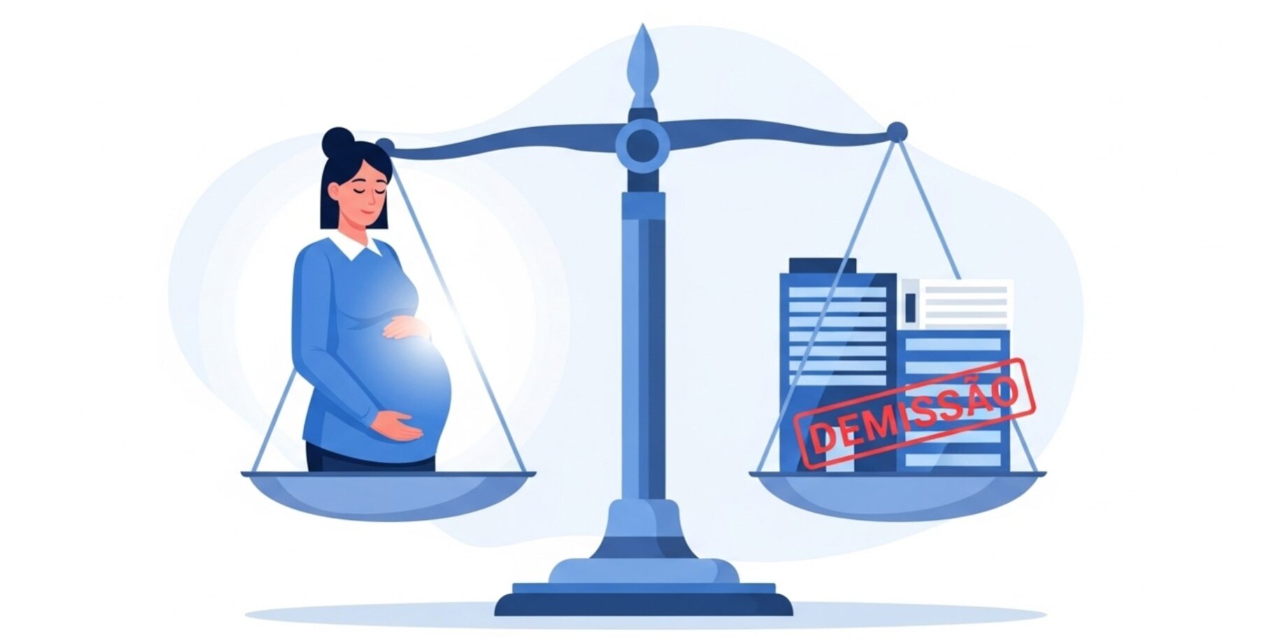 Ilustração de uma balança da justiça equilibrando os direitos da gestante trabalhadora e a decisão de demissão, simbolizando proteção legal garantida por lei