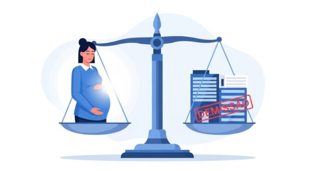 Ilustração de uma balança da justiça equilibrando os direitos da gestante trabalhadora e a decisão de demissão, simbolizando proteção legal garantida por lei