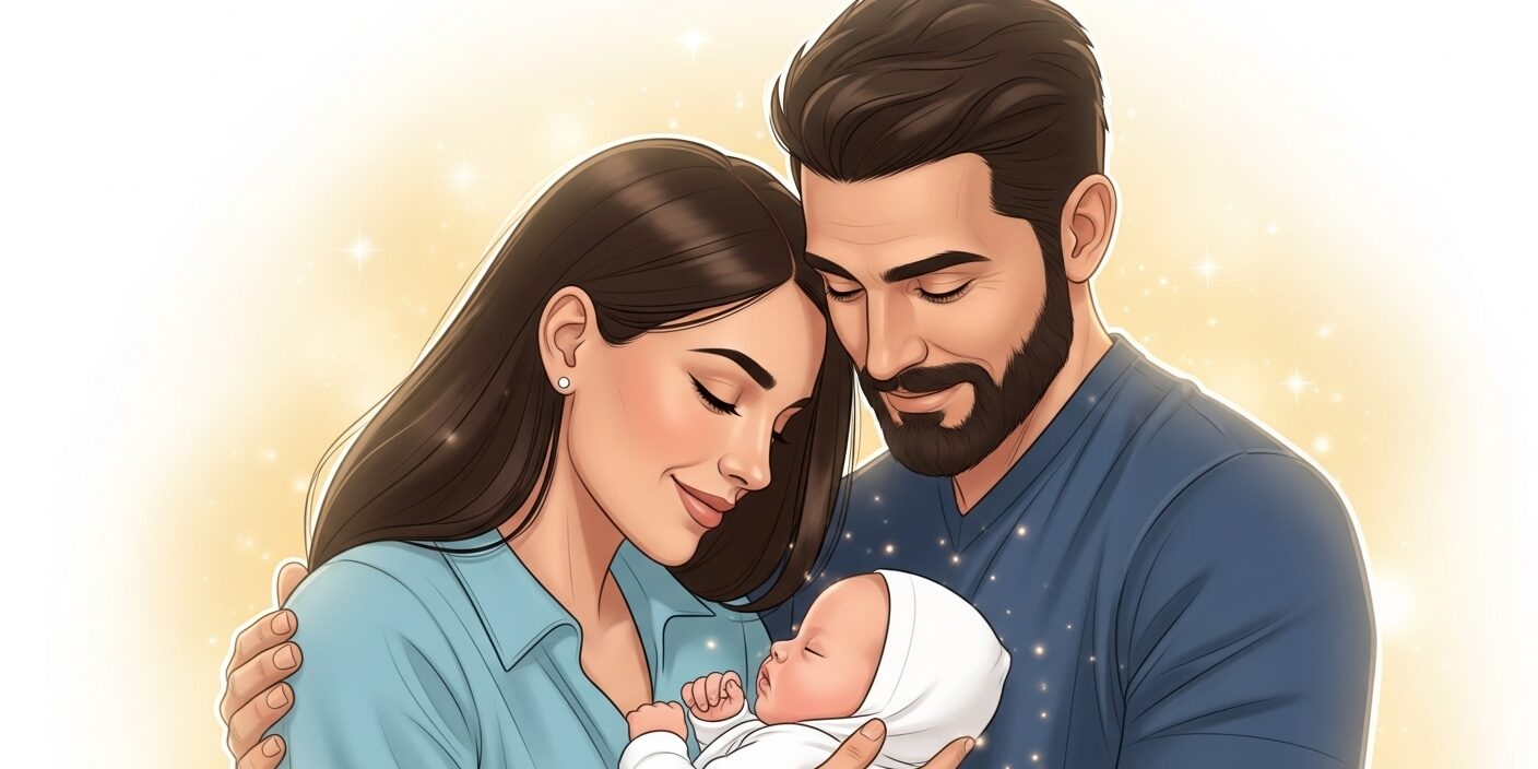 Casal acolhendo o recém-nascido com carinho, simbolizando o vínculo familiar e os direitos à licença-maternidade e paternidade garantidos por lei