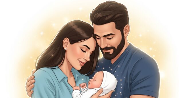 Casal acolhendo o recém-nascido com carinho, simbolizando o vínculo familiar e os direitos à licença-maternidade e paternidade garantidos por lei