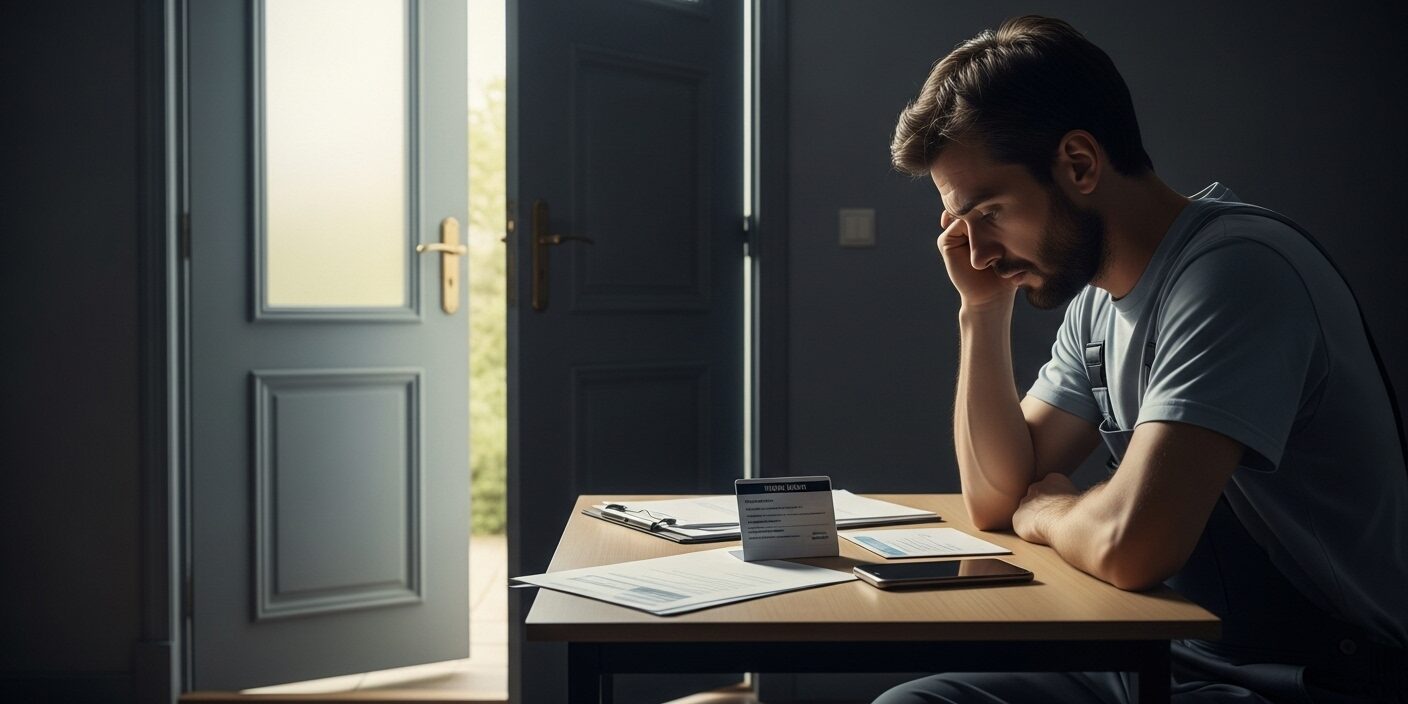Trabalhador com expressão cansada sentado à mesa, com Carteira de Trabalho, celular e documentos, e uma porta aberta ao fundo com luz suave entrando, simbolizando a possibilidade de saída por rescisão indireta.