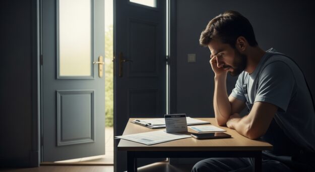 Trabalhador com expressão cansada sentado à mesa, com Carteira de Trabalho, celular e documentos, e uma porta aberta ao fundo com luz suave entrando, simbolizando a possibilidade de saída por rescisão indireta.