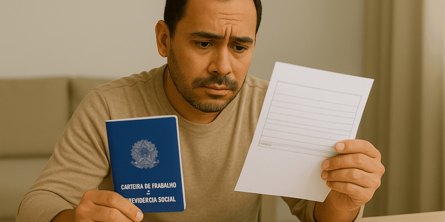 salário pago por fora Trabalhador preocupado olhando contracheque incompleto, representando o risco do salário pago por fora