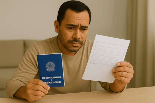 Trabalhador preocupado olhando contracheque incompleto, representando o risco do salário pago por fora