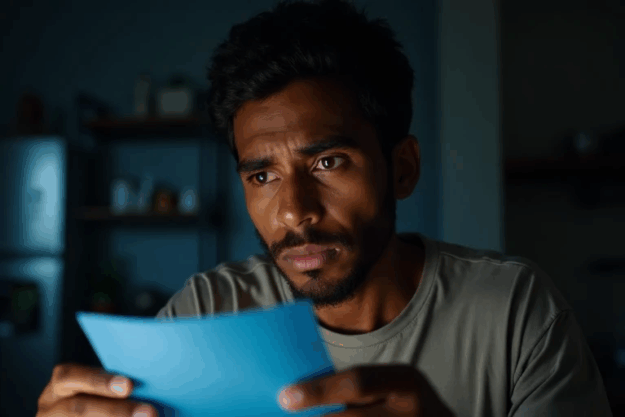 Trabalhador brasileiro preocupado segurando carteira de trabalho e olhando para celular que mostra saldo de FGTS zerado, em ambiente simples e com expressão de tensão e insegurança