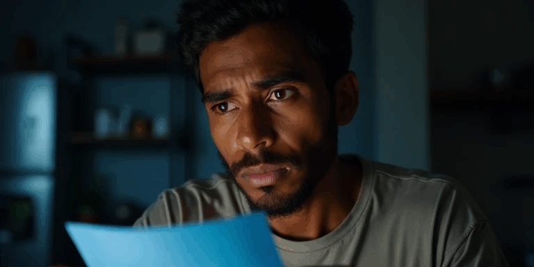 Trabalhador brasileiro preocupado segurando carteira de trabalho e olhando para celular que mostra saldo de FGTS zerado, em ambiente simples e com expressão de tensão e insegurança
