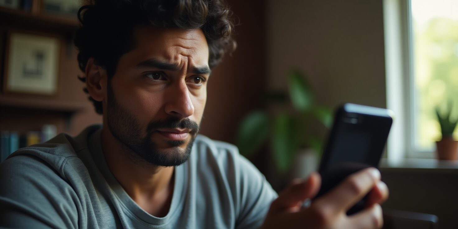 Trabalhador preocupado consultando FGTS atrasado no celular