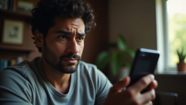 Trabalhador preocupado consultando FGTS atrasado no celular