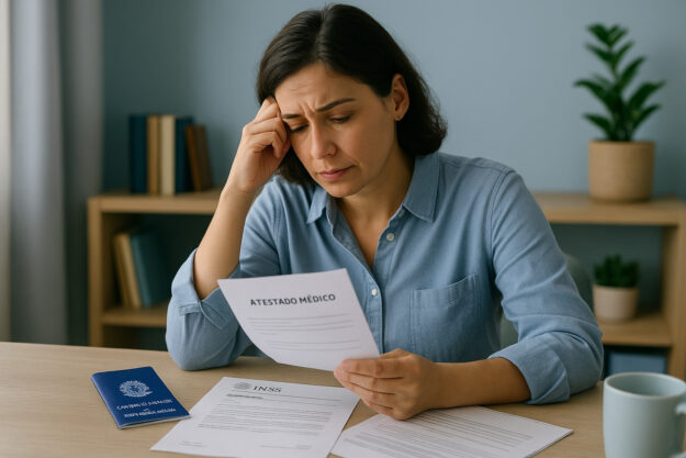 Trabalhador afastado por licença médica, com expressão preocupada, ao lado de atestados e documentos da empresa, simbolizando dúvidas sobre direitos após demissão.