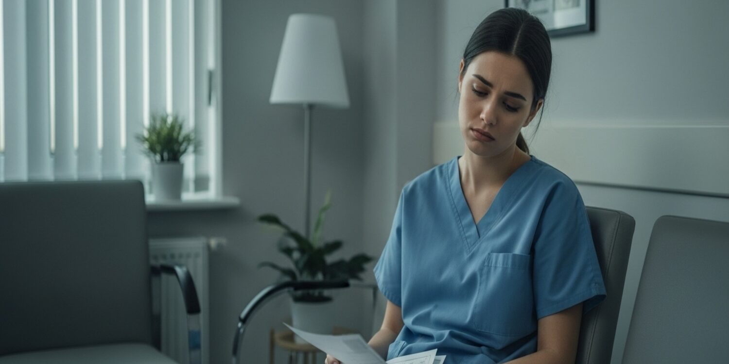 Trabalhadora segurando exame médico com expressão triste após aborto espontâneo