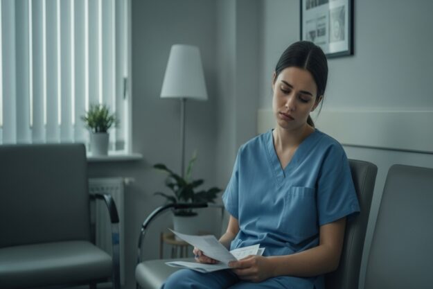 Trabalhadora segurando exame médico com expressão triste após aborto espontâneo