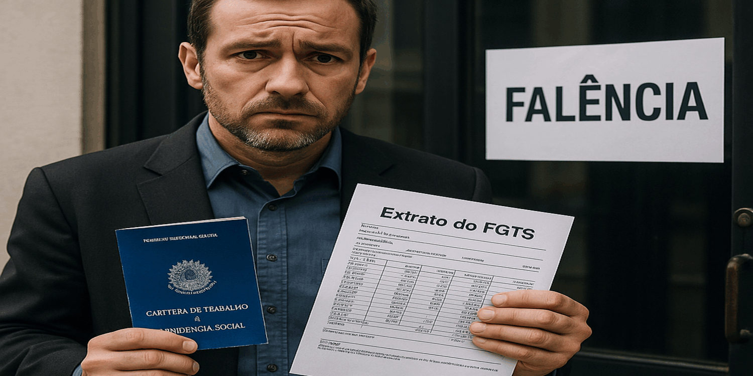 fgts-empresa-falida-direitos-trabalhistas Homem preocupado segurando carteira de trabalho após falência da empresa e problemas com FGTS atrasado