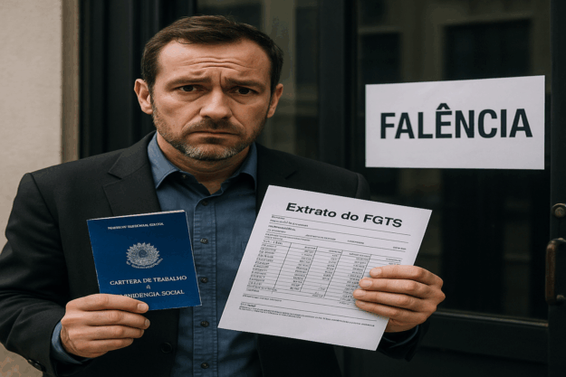 Homem preocupado segurando carteira de trabalho após falência da empresa e problemas com FGTS atrasado