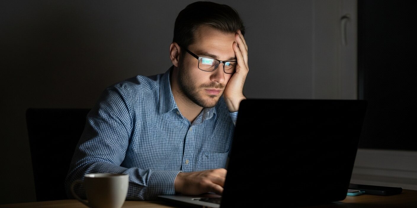 Trabalhador remoto exausto realizando horas extras em home office