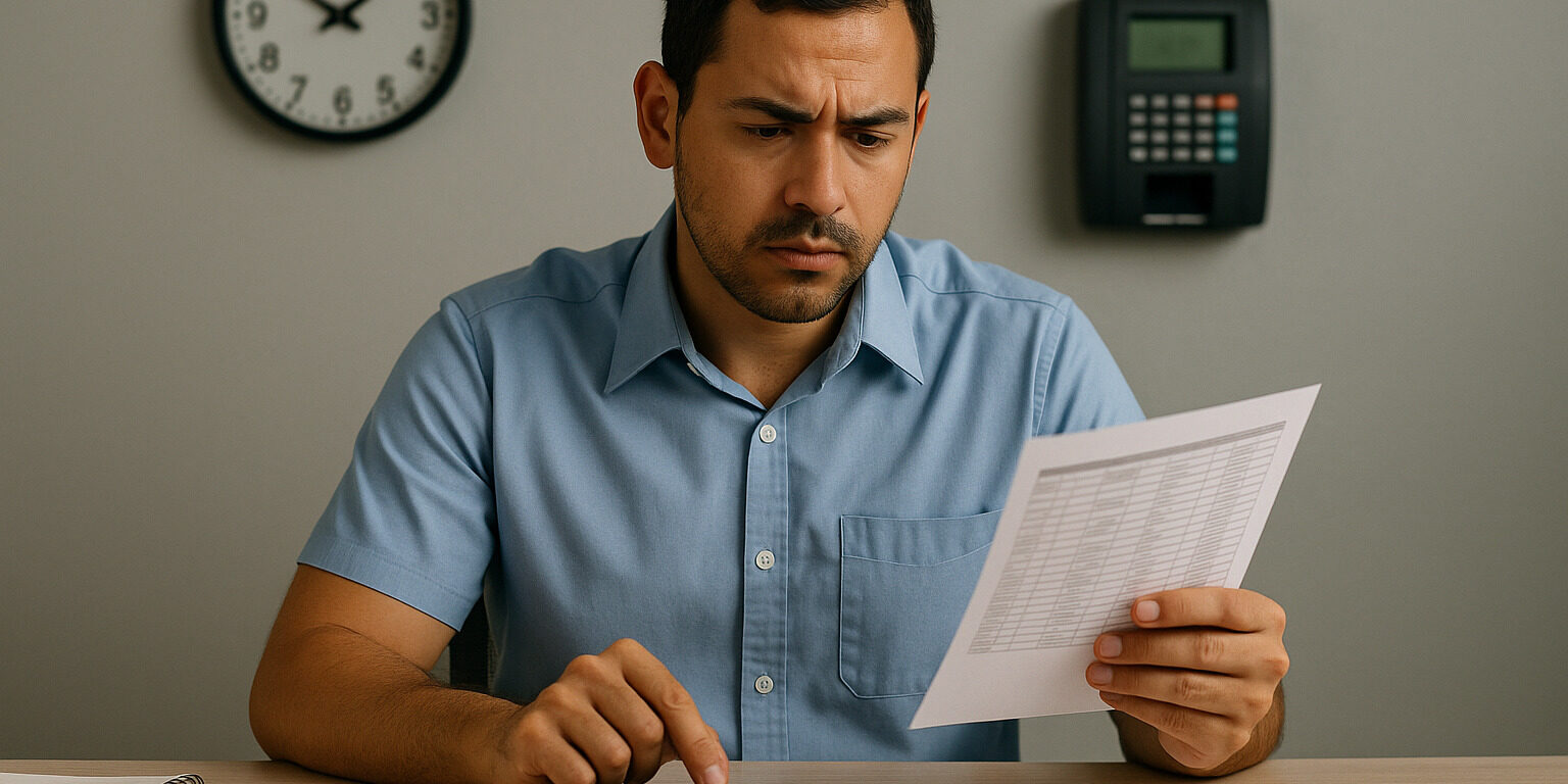 Trabalhador analisando horas extras não pagas, com relógio de ponto e calculadora ao fundo