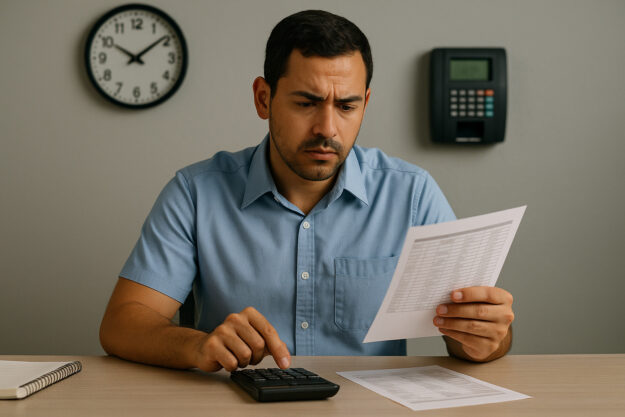 Trabalhador analisando horas extras não pagas, com relógio de ponto e calculadora ao fundo