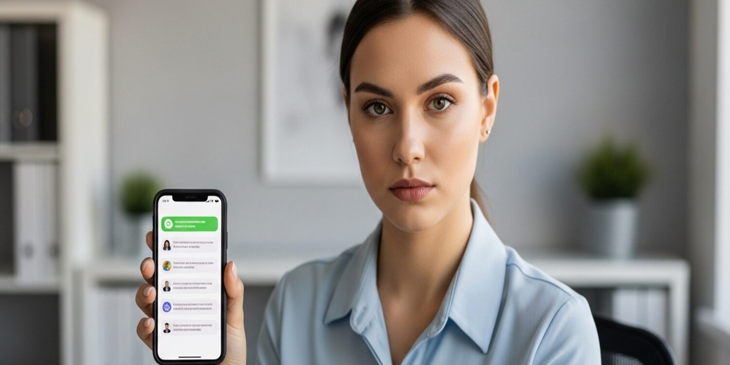 Mulher reunindo mensagens no celular como prova de assédio sexual no ambiente de trabalho