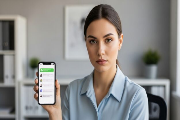 Mulher reunindo mensagens no celular como prova de assédio sexual no ambiente de trabalho