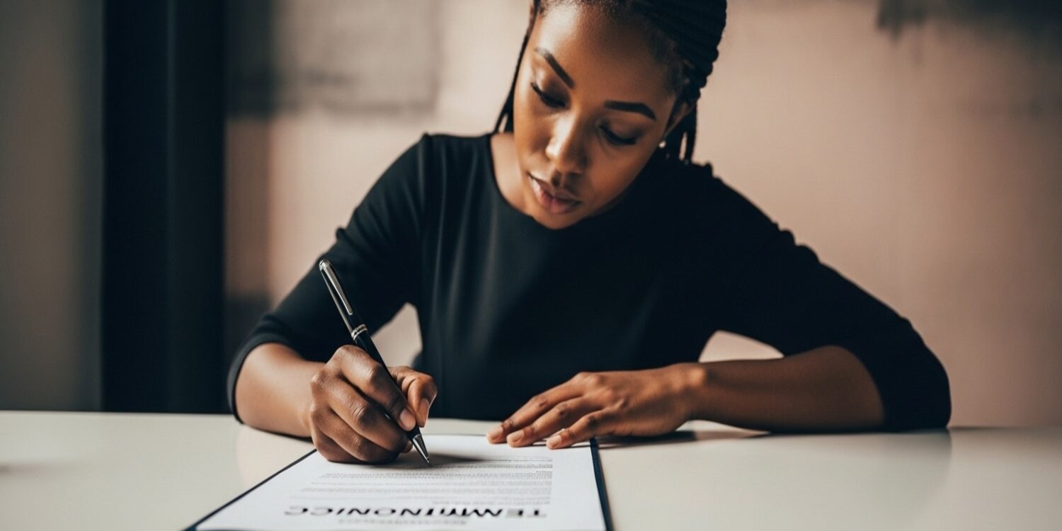 Funcionário assinando aviso prévio trabalhista no momento da demissão