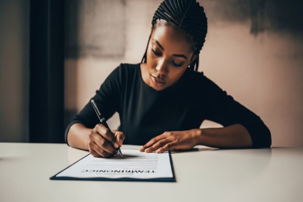 Funcionário assinando aviso prévio trabalhista no momento da demissão