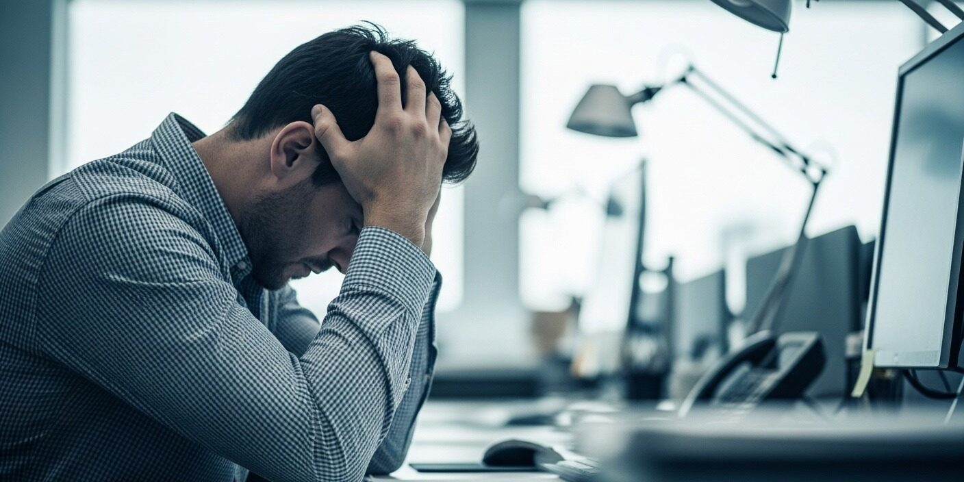 acidente-de-trabalho-psicologico Trabalhador sentado à mesa de escritório, com expressão de exaustão e as mãos na cabeça, simbolizando sobrecarga mental no trabalho.