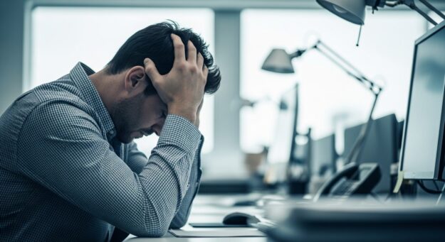 Trabalhador sentado à mesa de escritório, com expressão de exaustão e as mãos na cabeça, simbolizando sobrecarga mental no trabalho.