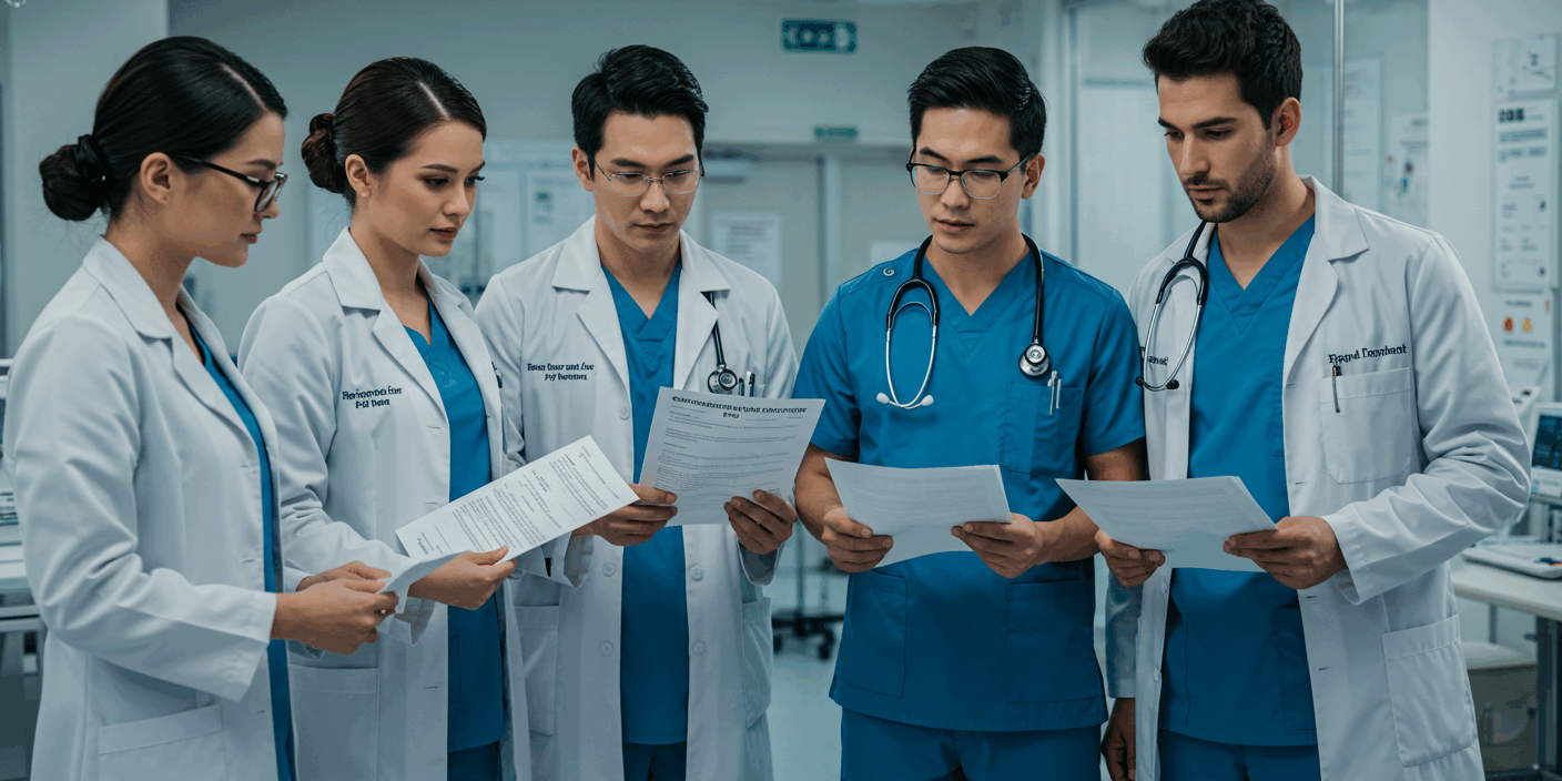 Profissionais da saúde analisando opções de contratação temporária e PJ em ambiente hospitalar