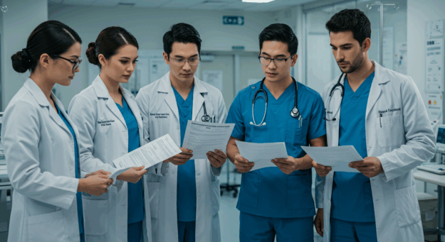 Profissionais da saúde analisando opções de contratação temporária e PJ em ambiente hospitalar