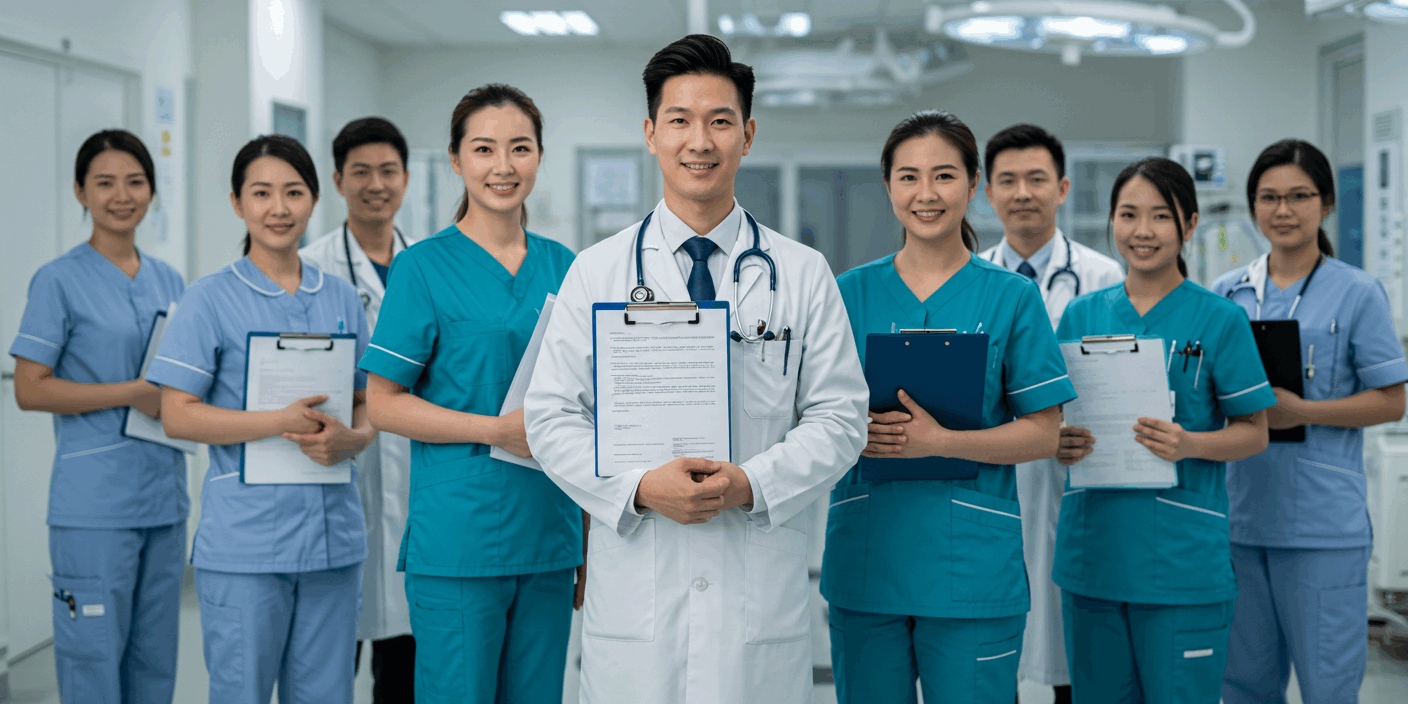 contrato-temporario-profissionais-saude Profissionais da saúde segurando contratos temporários em hospital