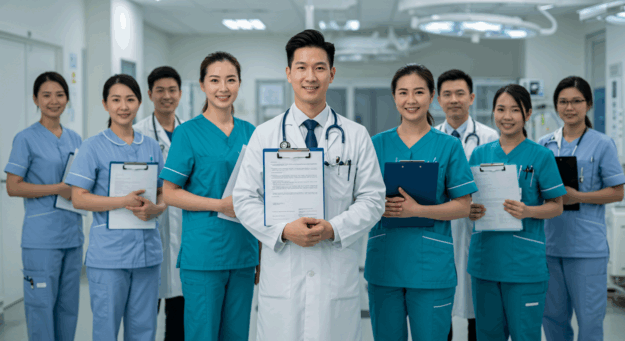 Profissionais da saúde segurando contratos temporários em hospital