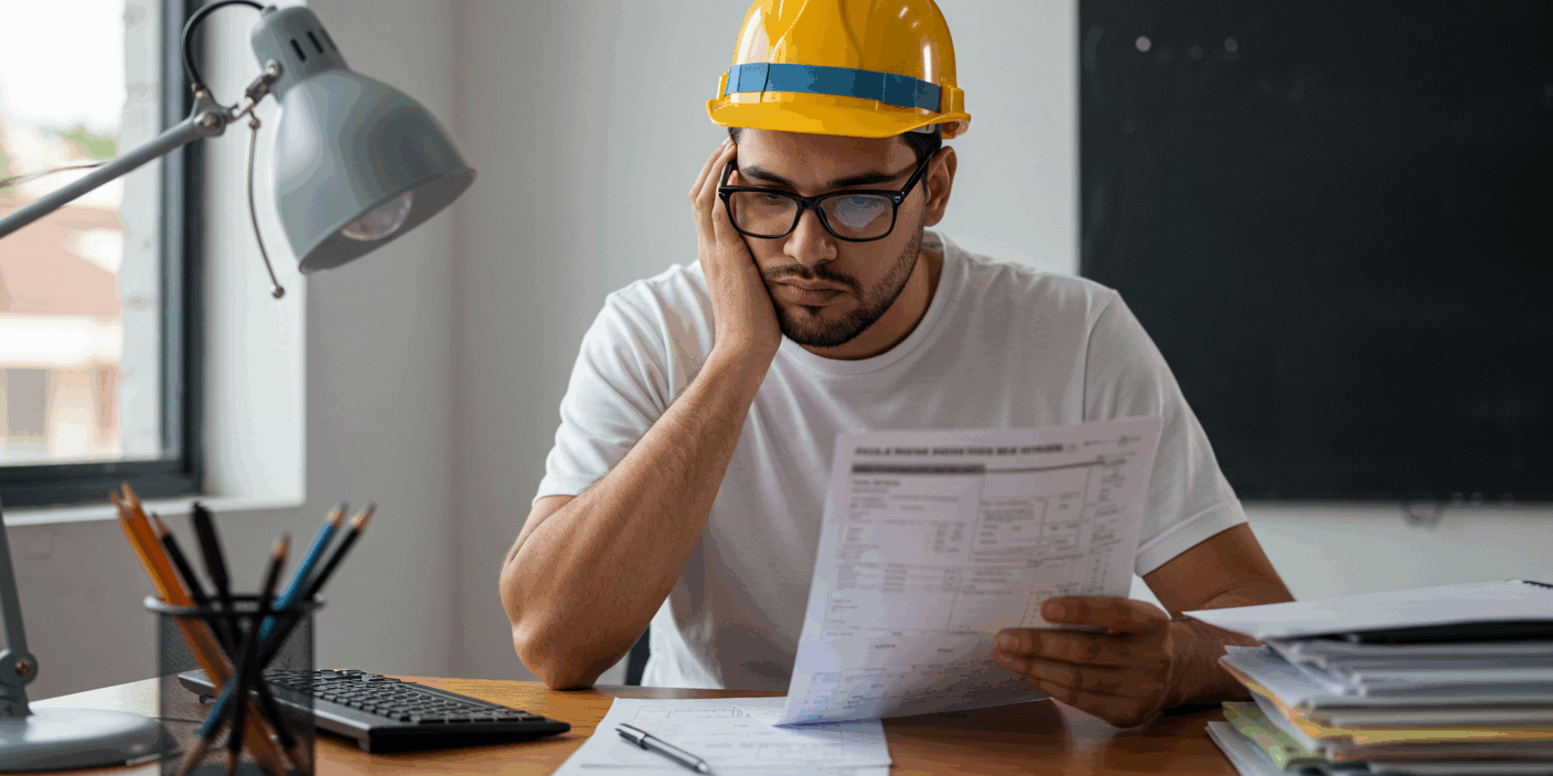 Trabalhador brasileiro preocupado analisando desconto indevido no salário em seu holerite