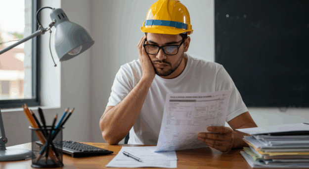Trabalhador brasileiro preocupado analisando desconto indevido no salário em seu holerite