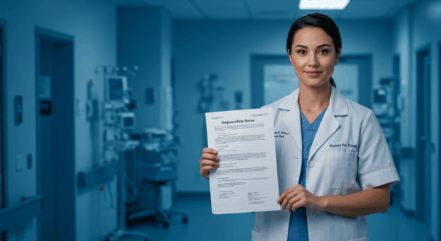 Enfermeiro segurando contrato de trabalho temporário em ambiente hospitalar