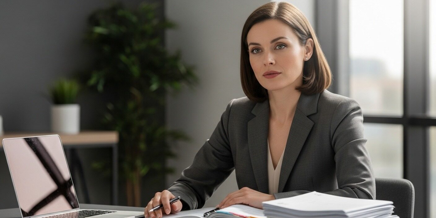 Trabalhadora olhando agenda médica ao lado do computador, representando tratamento de fertilização e organização de afastamentos.