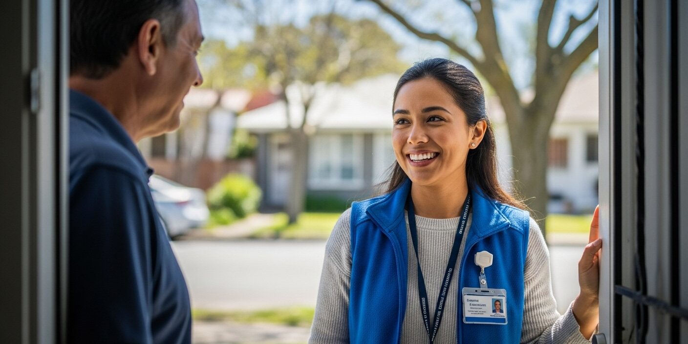 Agente comunitário de saúde conversando com morador em porta de casa, usando uniforme e crachá.