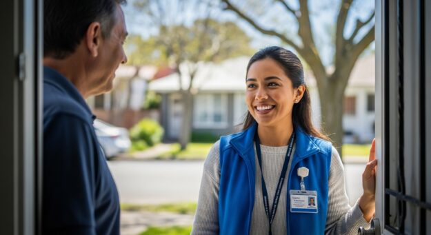 Agente comunitário de saúde conversando com morador em porta de casa, usando uniforme e crachá.