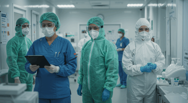 Profissional da saúde usando equipamento de proteção contra agentes perigosos