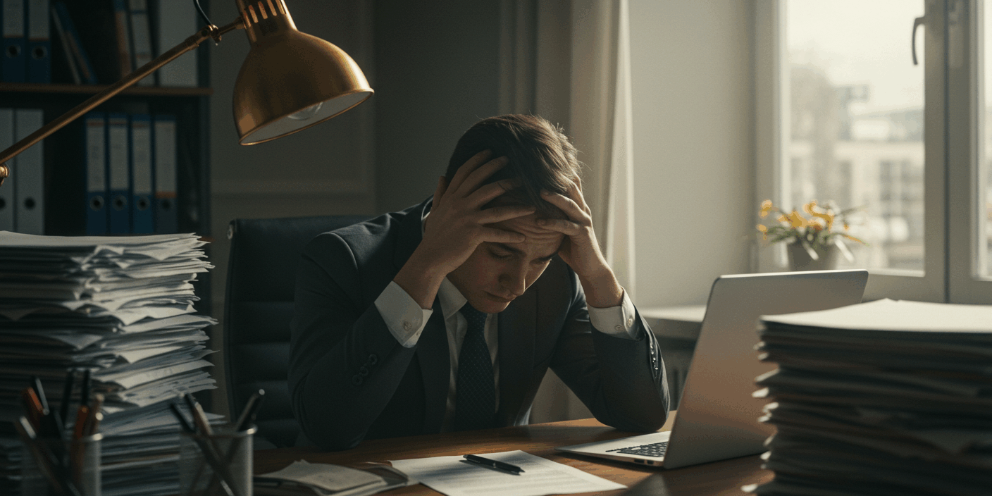 Trabalhador de escritório com expressão de cansaço extremo, sentado à mesa com papéis espalhados, representando a síndrome de burnout e seu impacto no ambiente de trabalho.