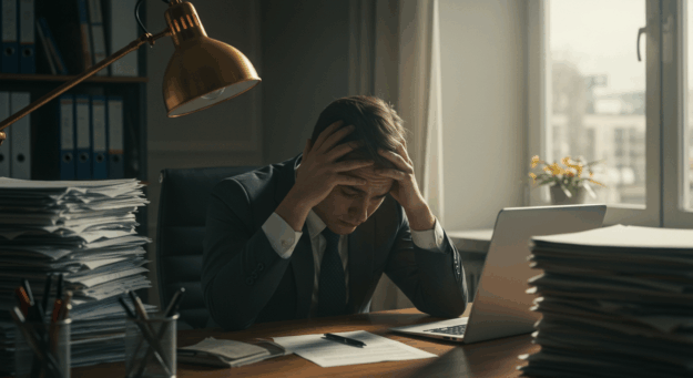 Trabalhador de escritório com expressão de cansaço extremo, sentado à mesa com papéis espalhados, representando a síndrome de burnout e seu impacto no ambiente de trabalho.