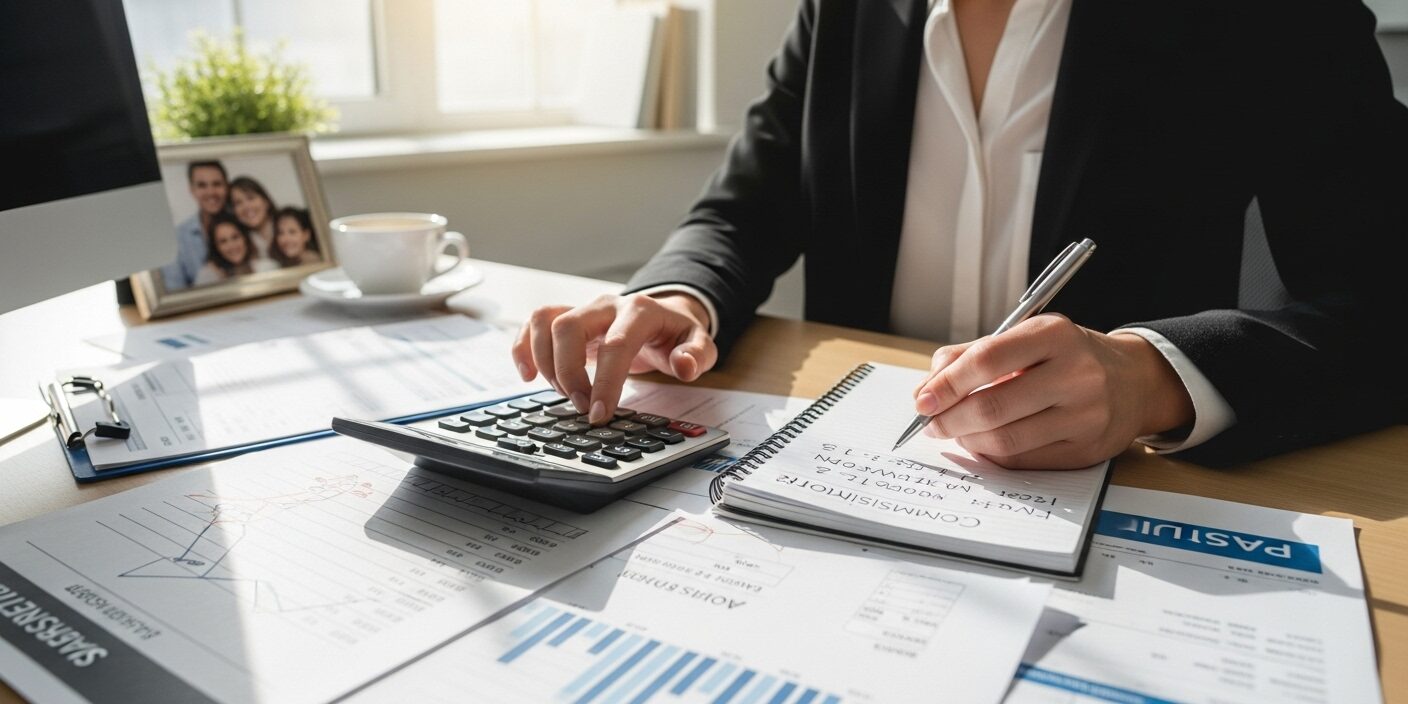 Vendedor calculando DSR sobre comissões e horas extras em planilha