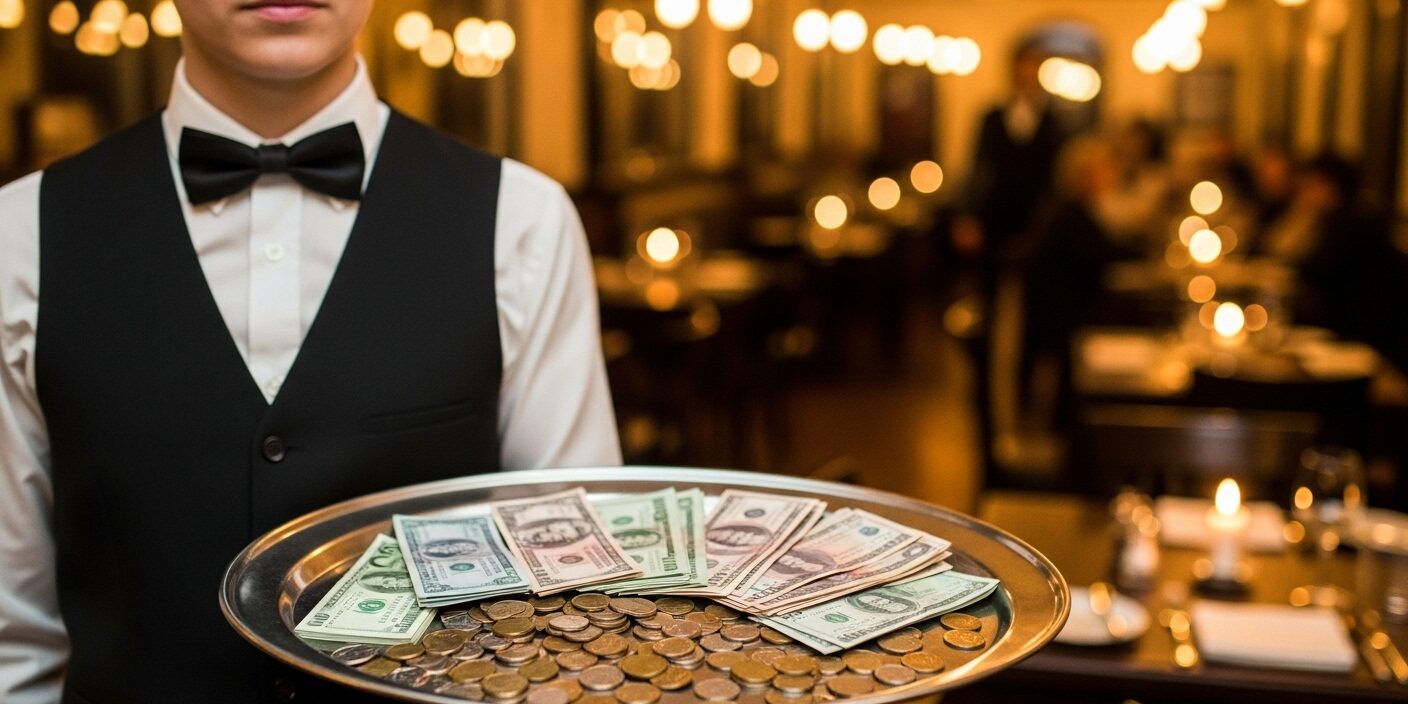 gorjetas-direitos-rateio Garçom segurando bandeja com gorjetas em restaurante, simbolizando direitos e rateio justo.